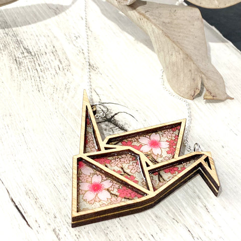 Crane Necklace - cherry blossom