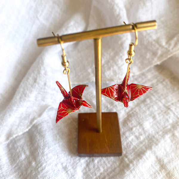 Crane Earrings - Red & Gold