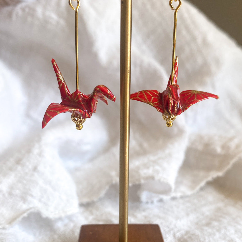 Crane Earrings - Red & Gold