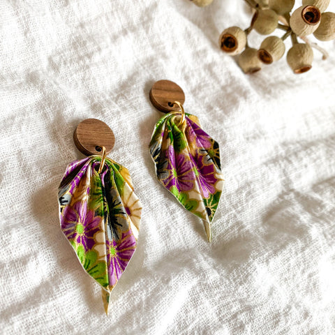 Leaf Earrings ( Purple/ Green/ White mixed flowers)